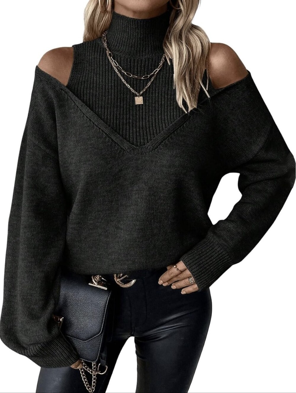 NWOT Shein Black Turtle Neck Cold Shoulder Sweater Womens Size S